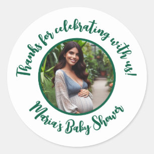 Aangepaste foto baby shower modern script bedankt ronde sticker