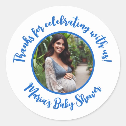 Aangepaste foto Baby shower Modern Script Dank u Ronde Sticker (Voorkant)
