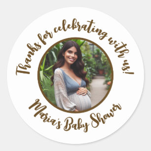 Aangepaste foto Baby shower Modern Script Dank u Ronde Sticker