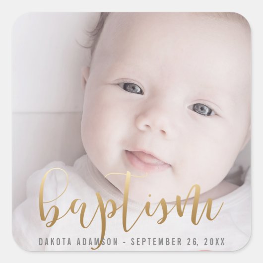 Aangepaste foto | Baptisme Gold Calligrafie Vierkante Sticker (Voorkant)