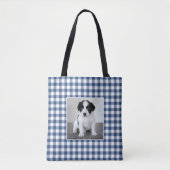 Aangepaste Foto Blauw Wit Gingham Check Patroon Draagtas (Voorkant)