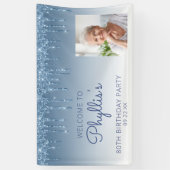Aangepaste foto blauwe glitter Drip 80th Birthday Spandoek (Verticaal)