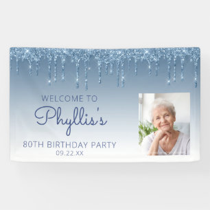 Aangepaste foto blauwe glittersluier 80ste verjaar spandoek