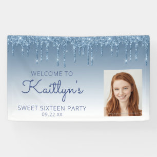 Aangepaste foto blauwe glittersluier Sweet 16-span Spandoek