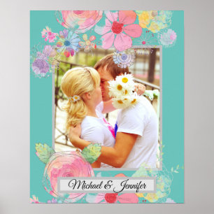 Aangepaste foto blauwgroen en Shabby Chic Floral Poster