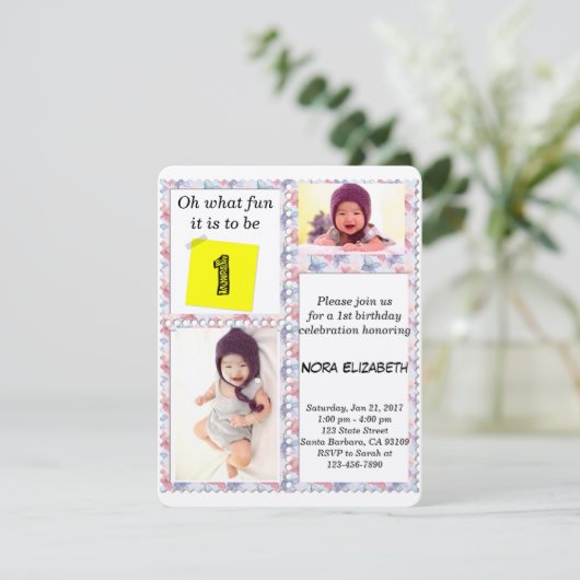 Aangepaste Foto Bloemen Lijst 1e Verjaardag Uitnod Kaart (Staand voorkant)