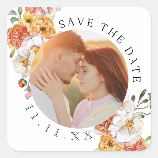 Aangepaste foto bloemige save the date vierkante sticker (Voorkant)