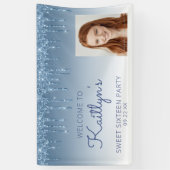 Aangepaste foto Blue Glitter Drip Sweet 16-banner Spandoek (Verticaal)