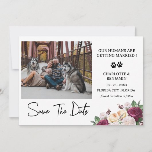 Aangepaste foto Bourgondië Floral Dog Theme Save The Date (Voorkant)
