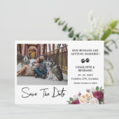 Aangepaste foto Bourgondië Floral Dog Theme Save The Date (Staand voorkant)