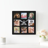 Aangepaste foto-collage monogram naam zwart vierkante klok (Huis)