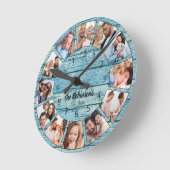 Aangepaste foto Collage Natural Wood Naam Ronde Klok (Hoek)