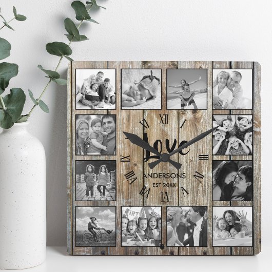 Aangepaste foto Collage Rustic Farmhouse Love Fami Vierkante Klok