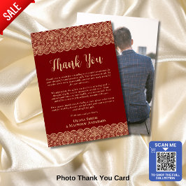 Aangepaste foto dank u rustieke rode gouden kant bedankkaart