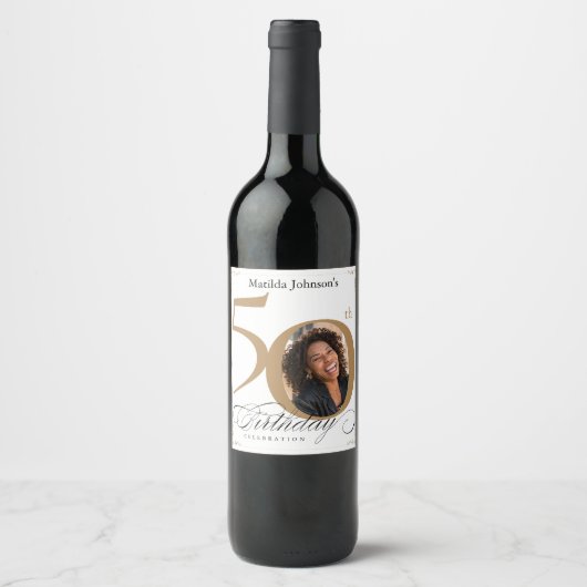 Aangepaste foto Elegant Goud 50e Verjaardagsfeestj Wijn Etiket (Voorkant)