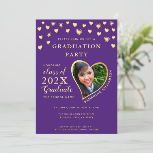Aangepaste foto Elegant Paarse en gouden Afstudere Kaart (Staand voorkant)