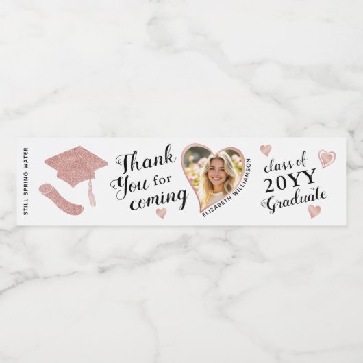 Aangepaste Foto Elegant Wit Afstuderen Dank u Waterfles Etiket (Enkel label)