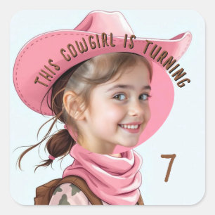 Aangepaste foto elke leeftijd Roze Cowgirl Thema V Vierkante Sticker
