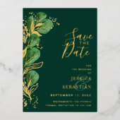 Aangepaste foto Emerald Green & Gold Eucalyptus Folie Uitnodiging (Voorkant)