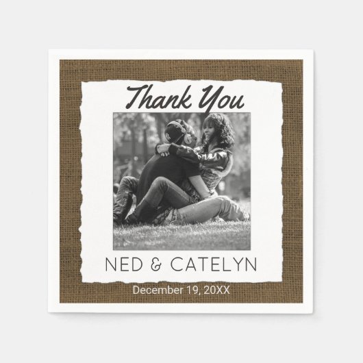 Aangepaste foto en monogram | Rustieke Burlap Wedd Servetten (Voorkant)