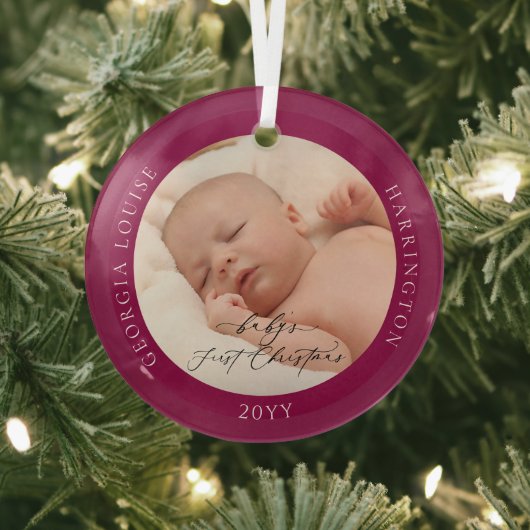 Aangepaste foto en naam Baby's eerste kerst robijn Glas Ornament (Insitu)