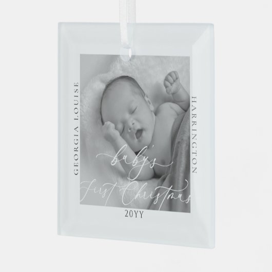 Aangepaste foto en naam Baby's eerste Kerstmis Glas Ornament (Voorkant links)