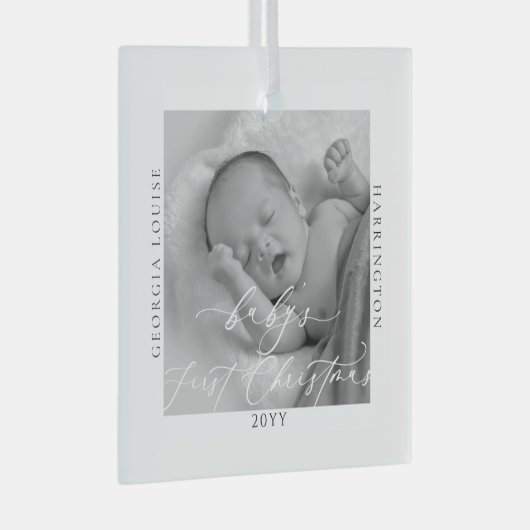Aangepaste foto en naam Baby's eerste Kerstmis Glas Ornament (Voorkant Rechts)