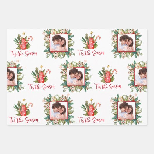 Aangepaste foto en naam Festive Greenery en koekje Inpakpapier Vel (Voorkant)