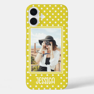 Aangepaste foto en naam van Bright Yellow Polka Do iPhone 16 Plus Hoesje