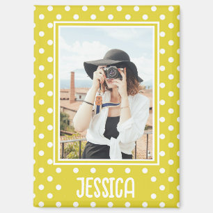 Aangepaste foto en naam van Bright Yellow Polka Do Magneet