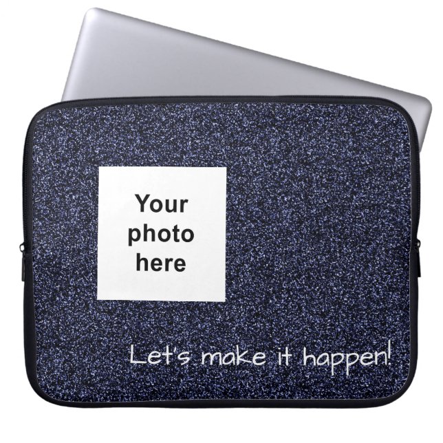 Aangepaste foto- en tekstblauwe faux glitter laptop sleeve (Voorkant)