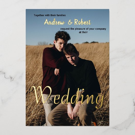 Aangepaste foto- en waterverf-regenboogbruiloft folie uitnodiging (Voorkant)