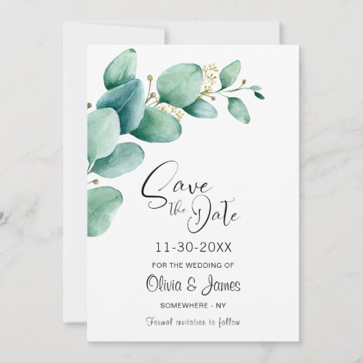 Aangepaste foto Eucalyptus bruiloft Save The Date (Voorkant)