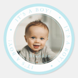 Aangepaste foto geboorte jongen gelegenheid eenvou ronde sticker