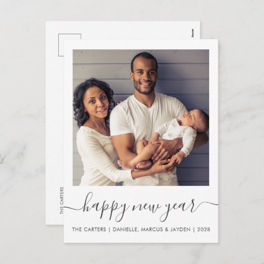 Aangepaste foto Gelukkig Nieuwjaar Grijs Schrift Feestdagenkaart (Voorkant / Achterkant)
