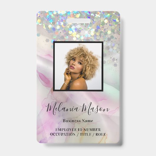 Aangepaste foto gemarmerd holografisch glitter per badge (Voorzijde)