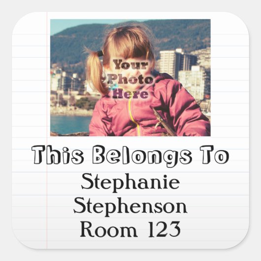 Aangepaste foto Gepersonaliseerde naam Kinder Scho Vierkante Sticker (Voorkant)
