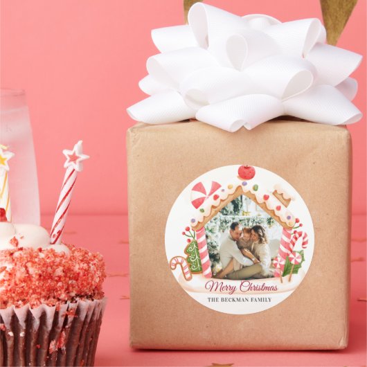 Aangepaste foto Gingerbread House Kerstmis Ronde Sticker (Feest)