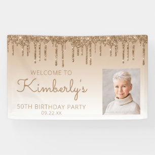 Aangepaste foto Gold Glitter Drip 50e verjaardag Spandoek
