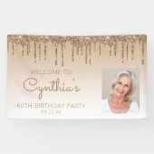 Aangepaste foto Gold Glitter Drip 60e verjaardag Spandoek (Horizontaal)