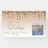 Aangepaste foto Gold Glitter Drip 90e verjaardag Spandoek (Horizontaal)