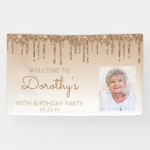 Aangepaste foto Gold Glitter Drip 90e verjaardag Spandoek