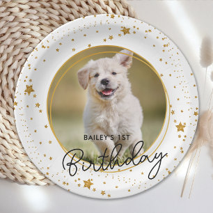Aangepaste foto Gold Glitter Stars Dog Birthday Papieren Bordje