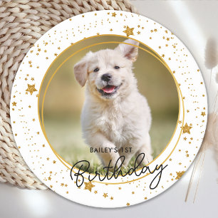 Aangepaste foto Gold Glitter Stars Dog Birthday Ronde Kartonnen Onderzetter