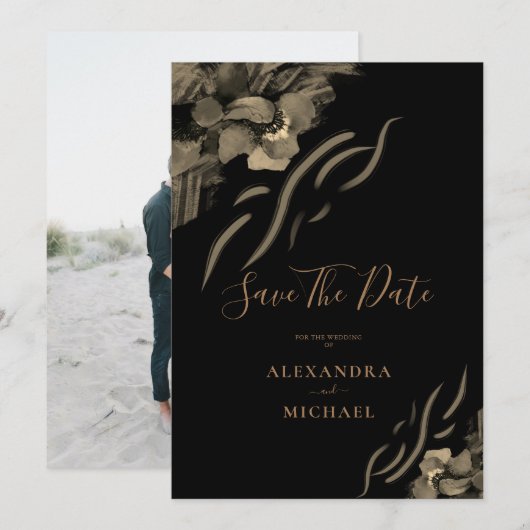 Aangepaste foto Golden Iris Flowers Black Wedding Save The Date (Voorkant / Achterkant)