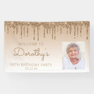 Aangepaste foto gouden glitterspetters 90ste verja spandoek
