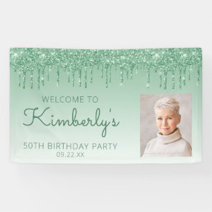 Aangepaste foto groene glitter Drip 50th Birthday Spandoek
