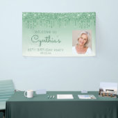 Aangepaste foto groene glitter Drip 60th Birthday Spandoek (Beurs)
