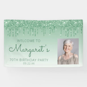 Aangepaste foto groene glitter Drip 70th Birthday Spandoek