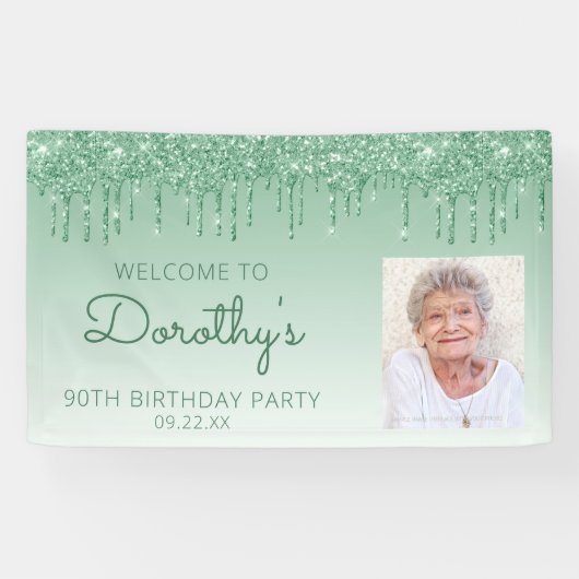 Aangepaste foto groene glitter Drip 90th Birthday Spandoek (Horizontaal)